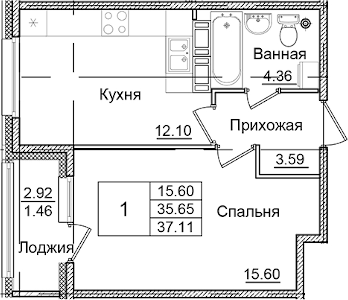 1-комнатная квартира 37.11 м², 7/9 эт., ЖК «Квартал Заречье»